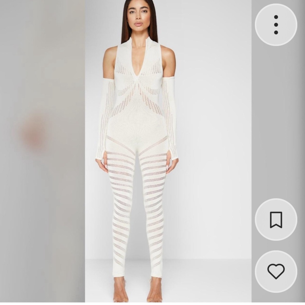 Maniere De Voir Ivory Sheer Knit Cutout Jumpsuit